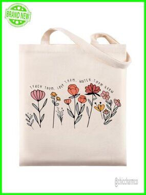 Canvas Tote Bag Flower Print Teacher Appreciation Gift Sturdy Shoulder Bag